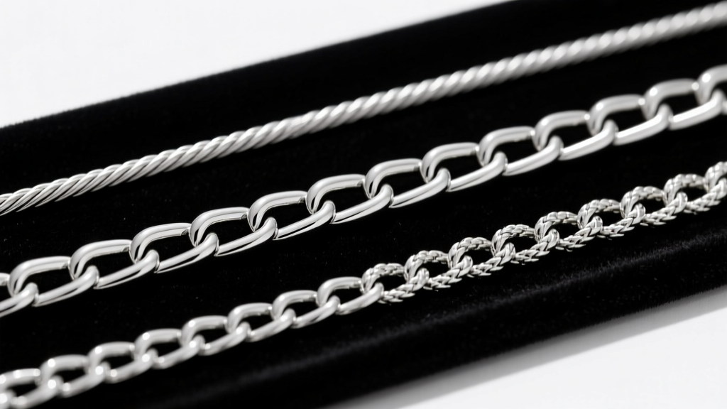 Macro shot comparing three 50 cm silver chains: a 2mm cable, 4mm curb, and 3mm figaro, laid flat on dark velvet with sharp focus.