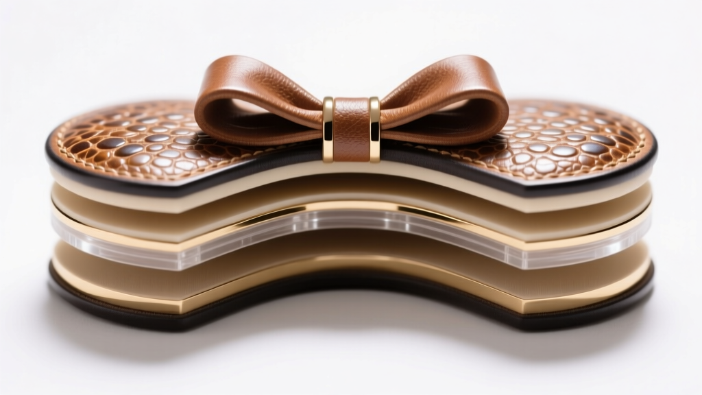 Macro cross-section of a luxury bow jewelry box lid showing polyurethane core, adhesive layer, and pebble-grain leather exterior