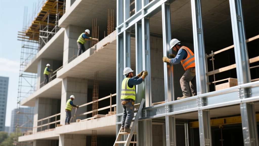 Commercial construction site with workers installing galvanized steel studs and structural framing for a mid-rise building under bright daylight