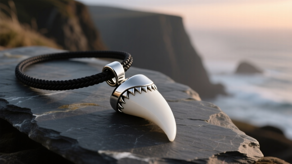Great white shark tooth pendant on slate, showing a brushed titanium bail and black waxed cotton cord under moody coastal lighting