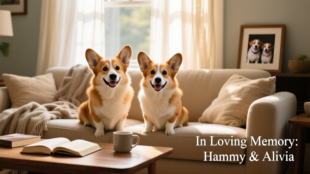 Hammy and Olivia corgis sitting side by side, smiling playfully in a sunlit living room