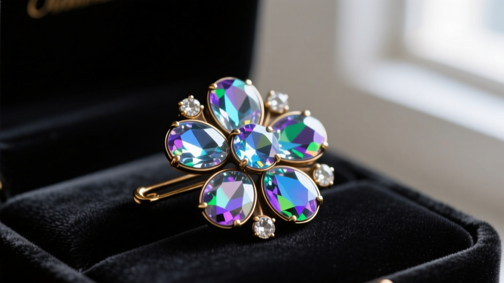 Close-up of a vintage unsigned floral brooch with aurora borealis rhinestones and darkened brass settings resting on black velvet.