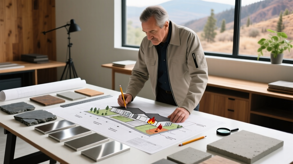 Architect reviewing slate, metal, and concrete tile samples on a blueprint for a wildfire-prone residential development project