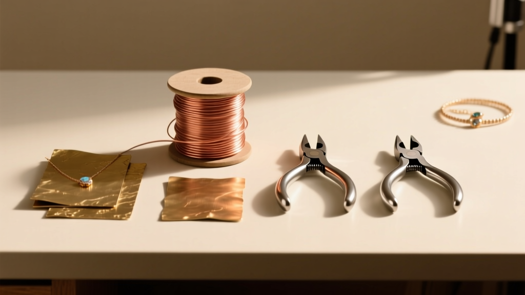 Beginner jewelry desk with copper wire spools, raw brass sheets, and three pairs of steel pliers under warm studio lighting