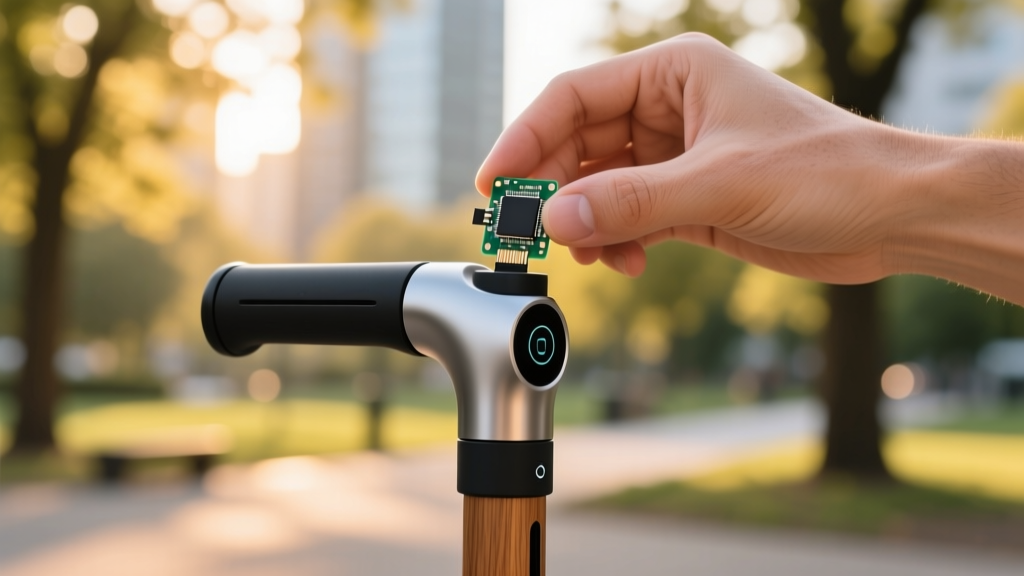 Hands replacing the electronic sensor handle on a modern gadget walking stick cane, highlighting the modular, zero e-waste design approach for mobility aids.