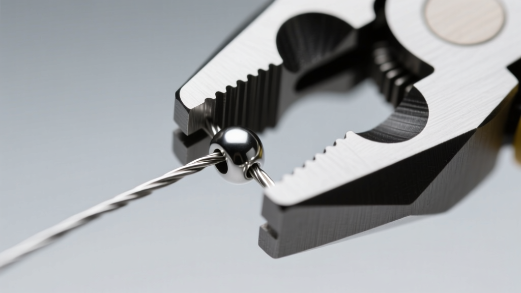 Crimping tool folding a 2x2mm silver crimp bead on .019-inch wire, showing a precise U-shaped metal fold in bright studio light