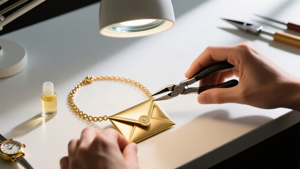 Jewelry bench with nylon pliers, watch oil, and a gold envelope necklace being carefully realigned under a bright magnifying lamp.