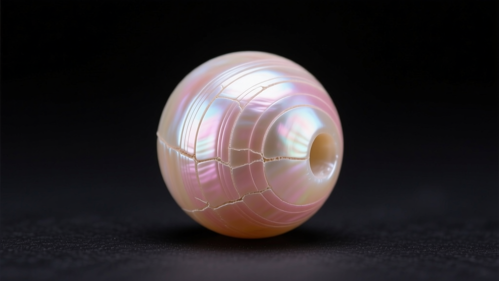 Macro shot of a vintage mother of pearl bead showing natural growth rings and subtle pink overtones on a matte black background