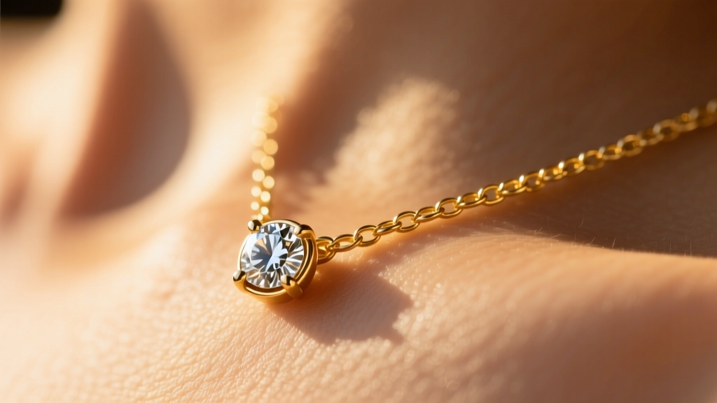 Close-up of a 0.9mm 14k gold chain on skin, showing a 5mm bezel diamond pendant in soft, warm, natural diffused sunlight.