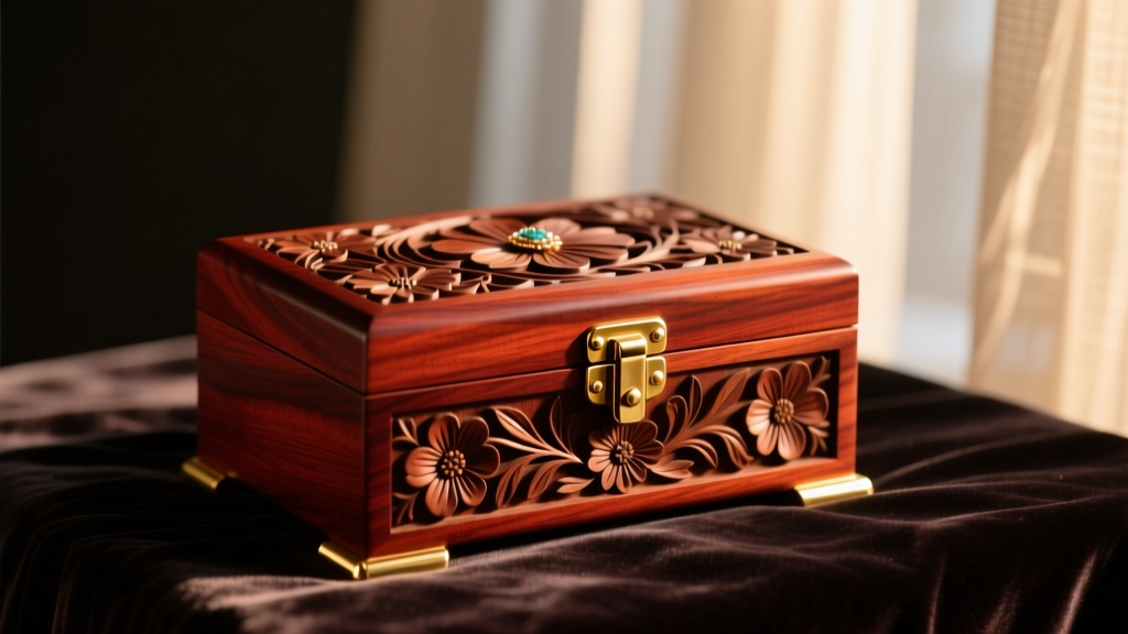 Carved mahogany jewelry box on dark velvet, warm lighting highlighting rich reddish-brown wood grain and polished brass hinges.