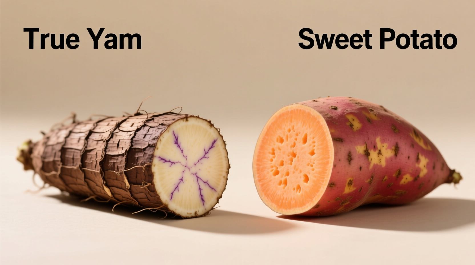Side-by-side comparison of true yam and sweet potato