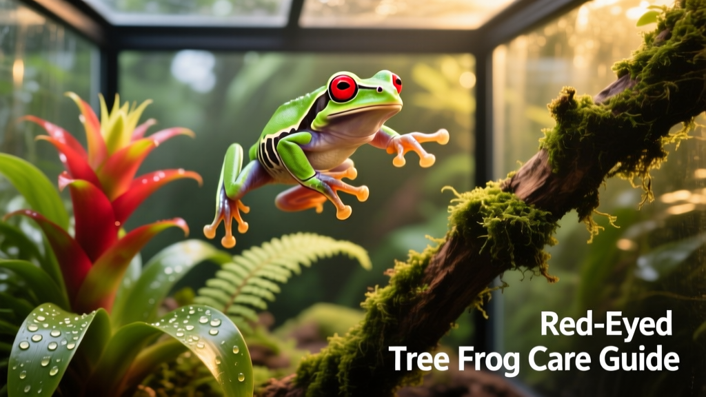 A red-eyed tree frog mid-leap between two branches inside a planted terrarium with moss and bromeliads