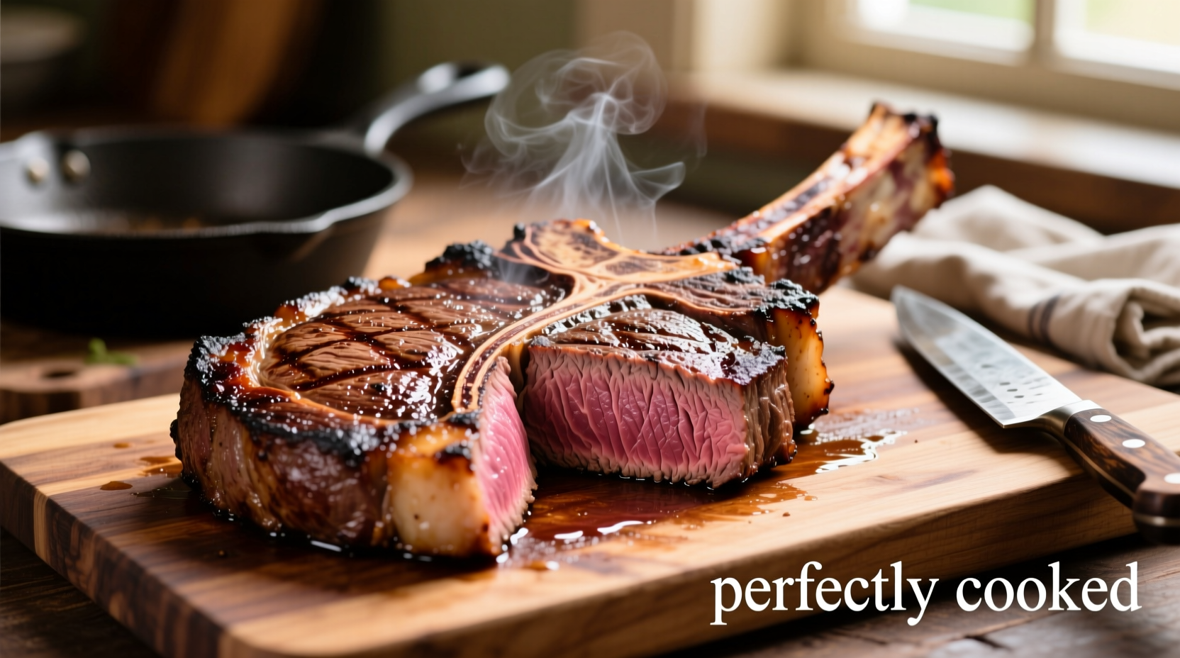 Perfectly cooked tomahawk steak on cutting board