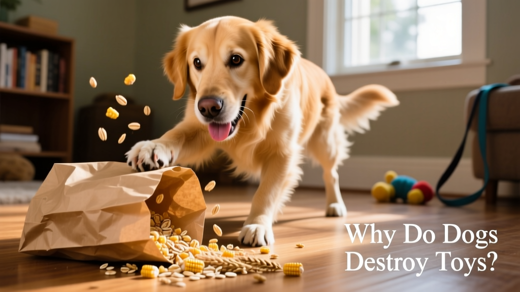 Dog pawing at a paper bag filled with cereal pieces, with visible excitement and focused engagement