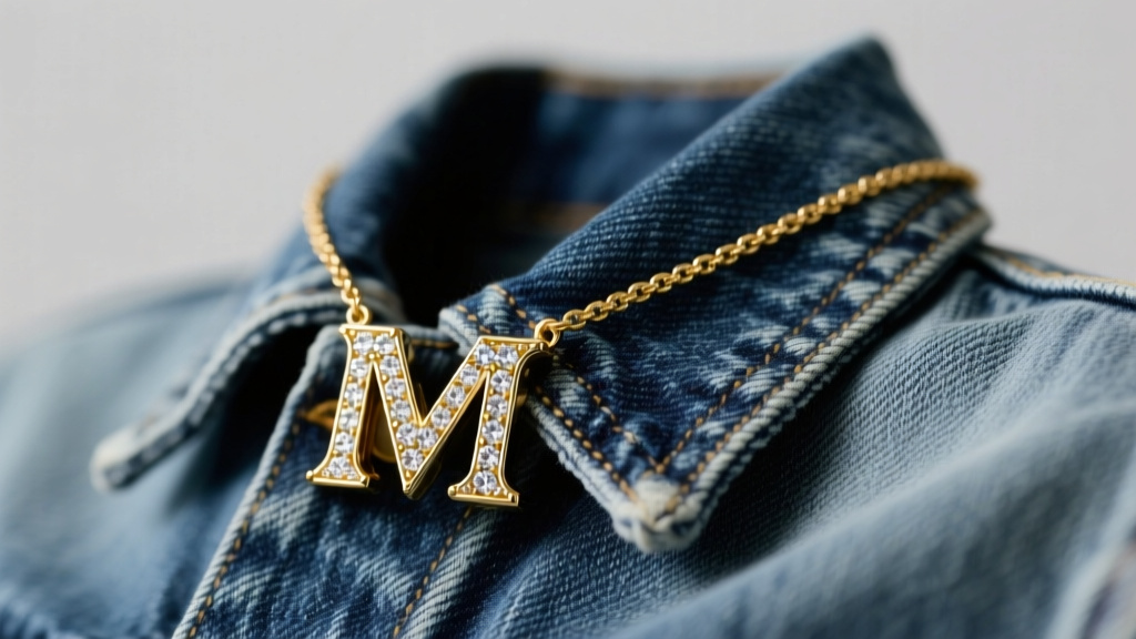 Gold vermeil belt buckle necklace with diamond-pave initial M pendant resting on faded denim jacket under soft studio lighting