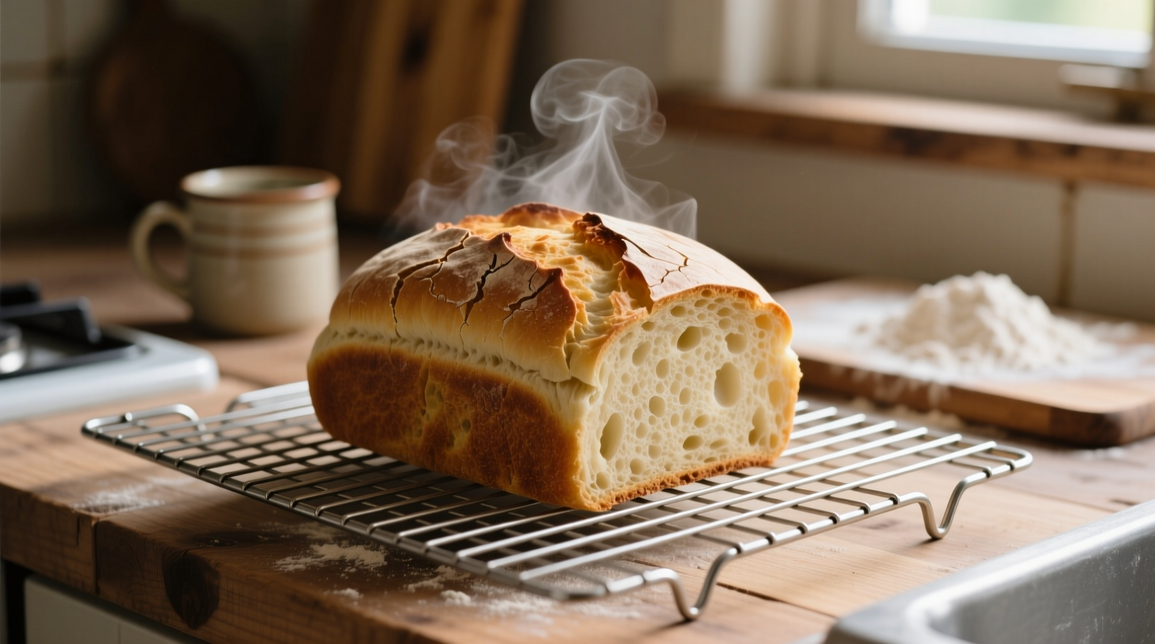 Homemade potato bread cooling on wire rack