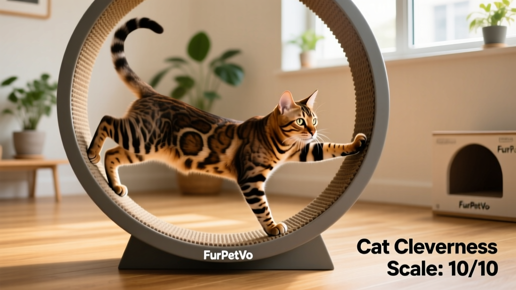 A muscular Bengal cat confidently walking on a FurPetVo exercise wheel indoors