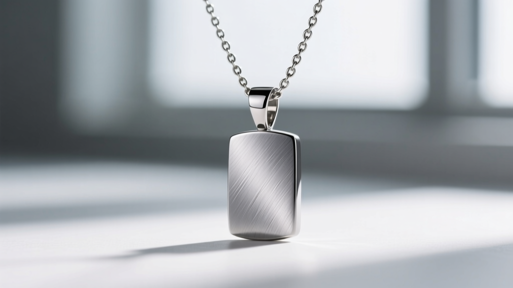 Macro shot of an ASTM F136 titanium pendant with a brushed finish on a 1.2mm box chain, showcasing scratch-resistant metal texture