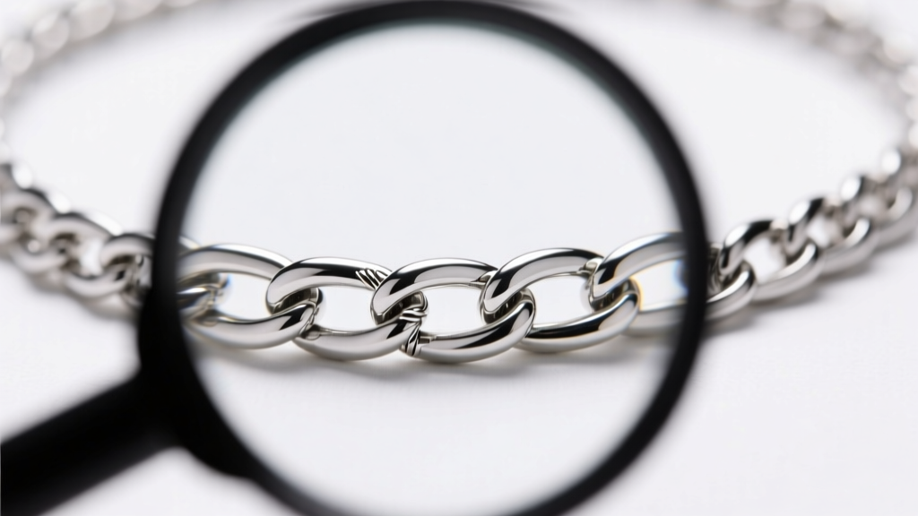Platinum rolo links necklace under a loupe, showing work-hardened micro-welds and structure under soft directional light.