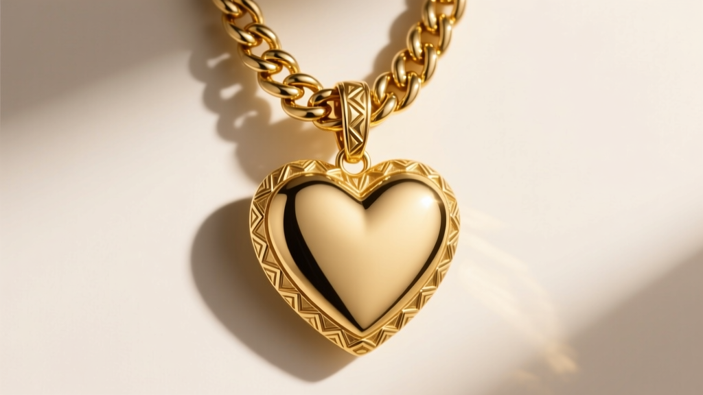 Solid 14k gold chunky heart pendant on a thick Cuban chain, showing polished metal textures under warm studio lighting.