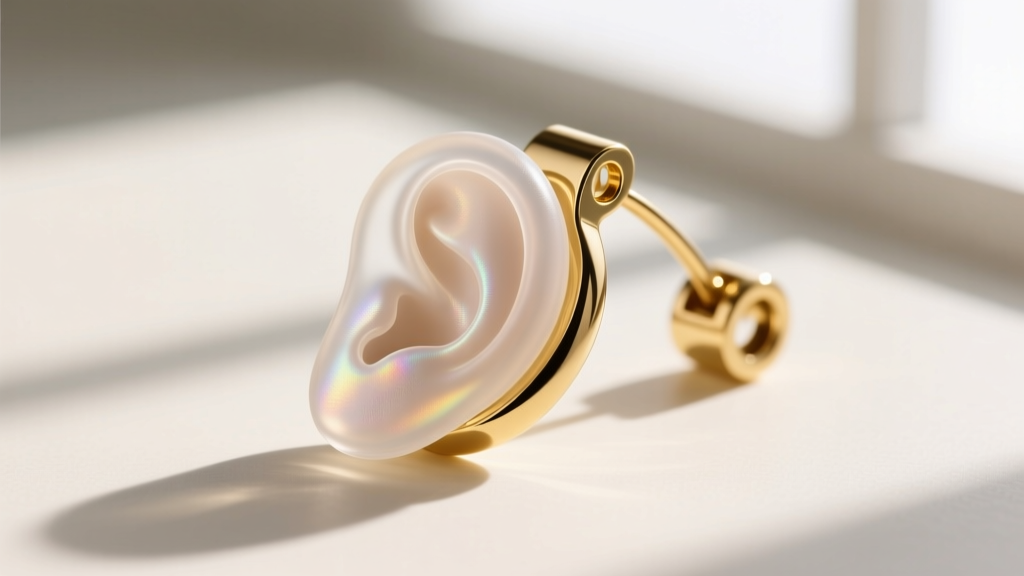 Macro view of a clear silicone pad on a gold-plated metal clip-on earring backing to ensure all-day comfort on the earlobe