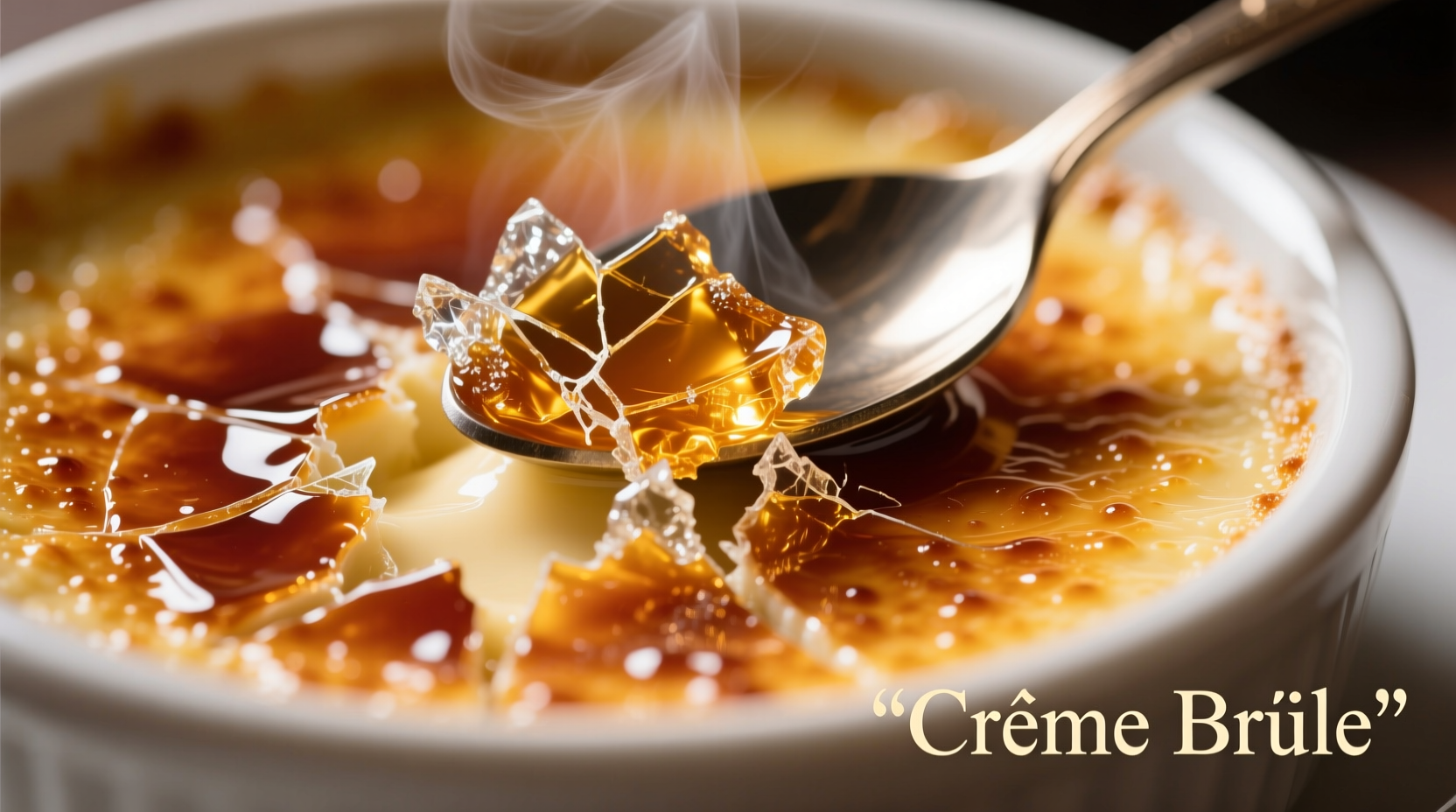 Spoon cracking caramelized sugar top of crème brûlée