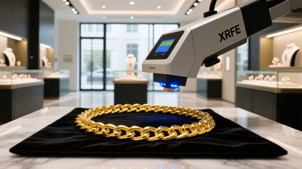 An XRF analyzer scanning a thick 18k yellow gold Cuban link chain on a black velvet pad in a professional, well-lit jewelry store.