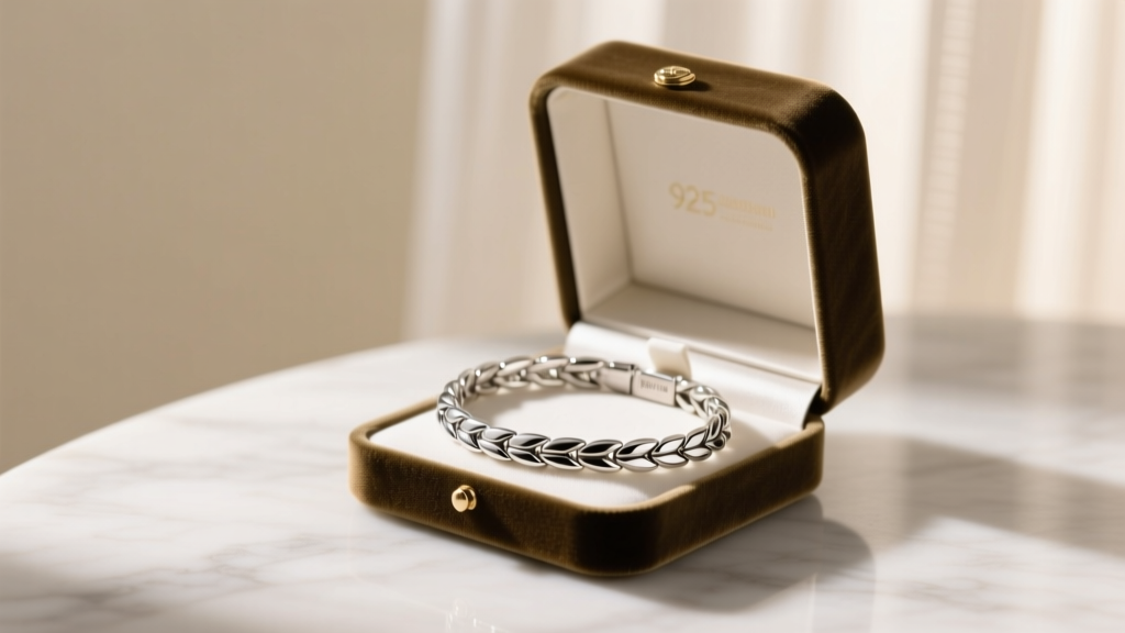 Velvet box revealing a rhodium-plated 925 sterling silver tennis bracelet on marble, soft warm lighting, macro shot, sharp focus
