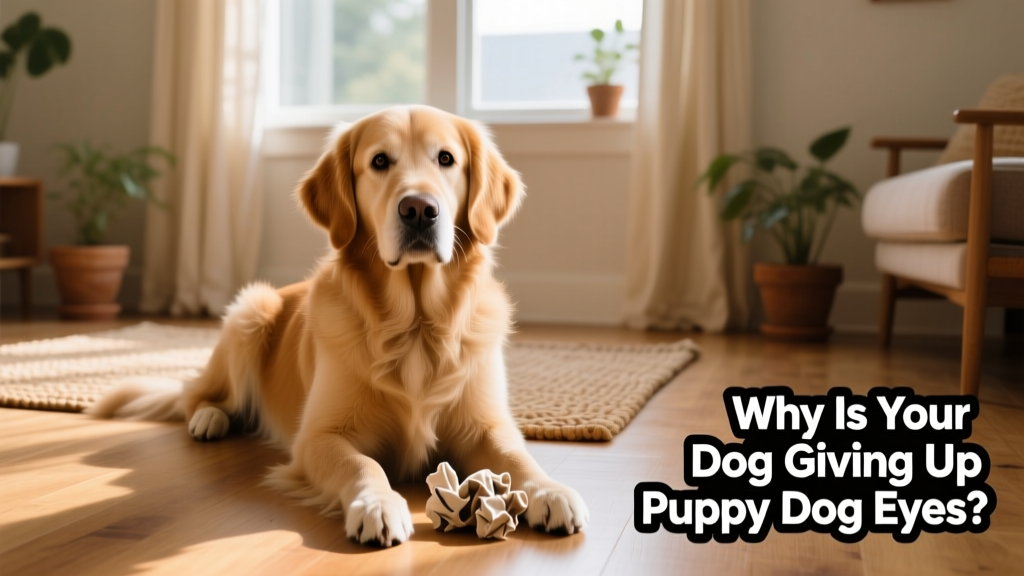 Dog sitting calmly with soft eyes, relaxed ears, and loose body posture in a quiet home setting
