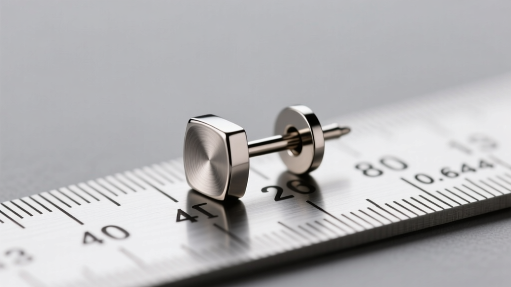 Macro shot of a 22-gauge titanium stud earring on a ruler, highlighting the ultra-thin 0.64mm post against a soft grey background.