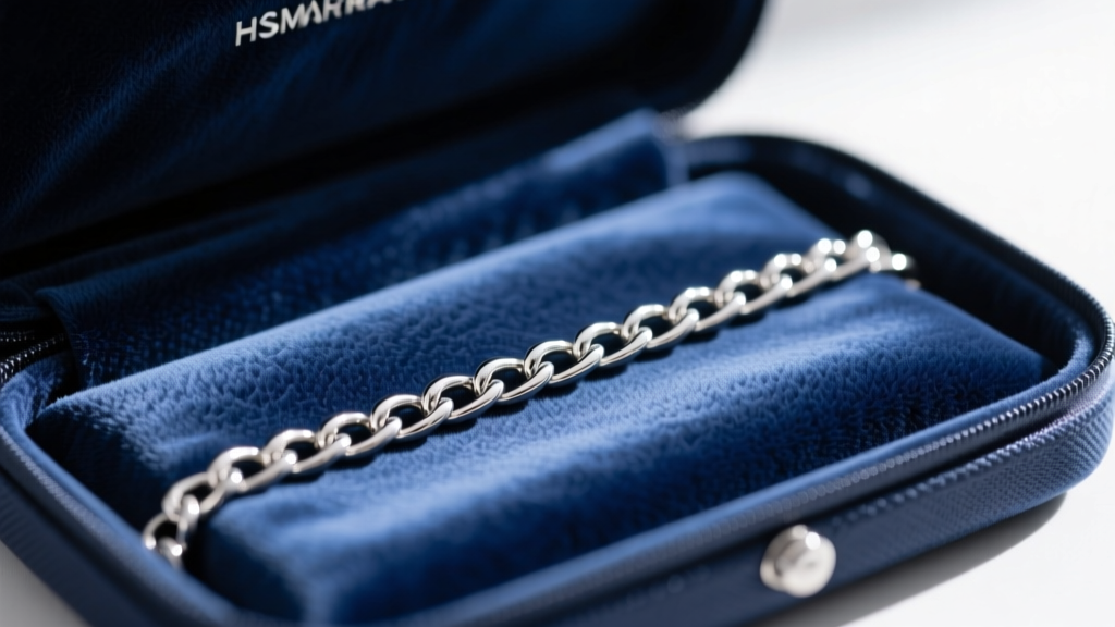Close-up of anti-tarnish microfiber lining inside a navy blue BAGSMART case, with a sterling silver chain resting on the fabric.