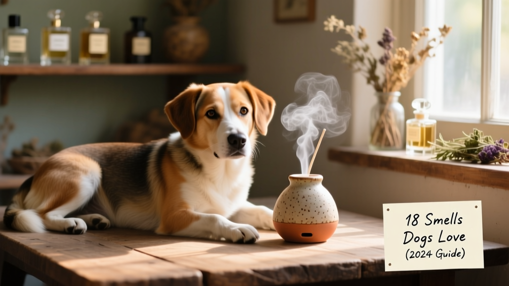 A relaxed dog resting beside a small ceramic diffuser emitting a soft mist