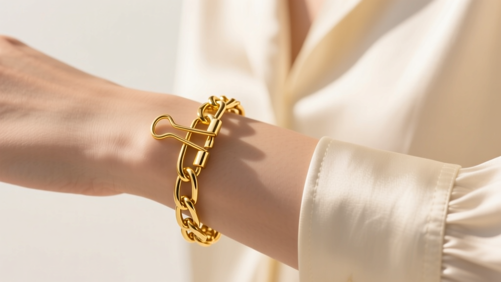 Close-up of a wrist wearing an 18k solid yellow gold paperclip bracelet, catching warm sunlight against a cream silk blouse.