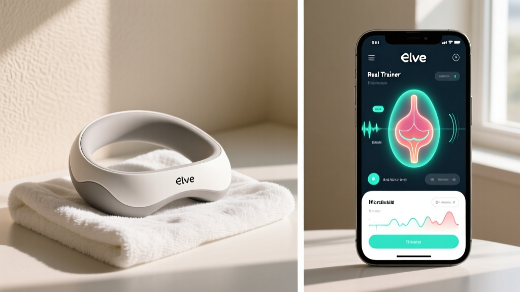 A split-screen graphic showing the Elvie Trainer device on a clean towel alongside a smartphone screen displaying the Elvie app's real-time pelvic floor contraction graph.