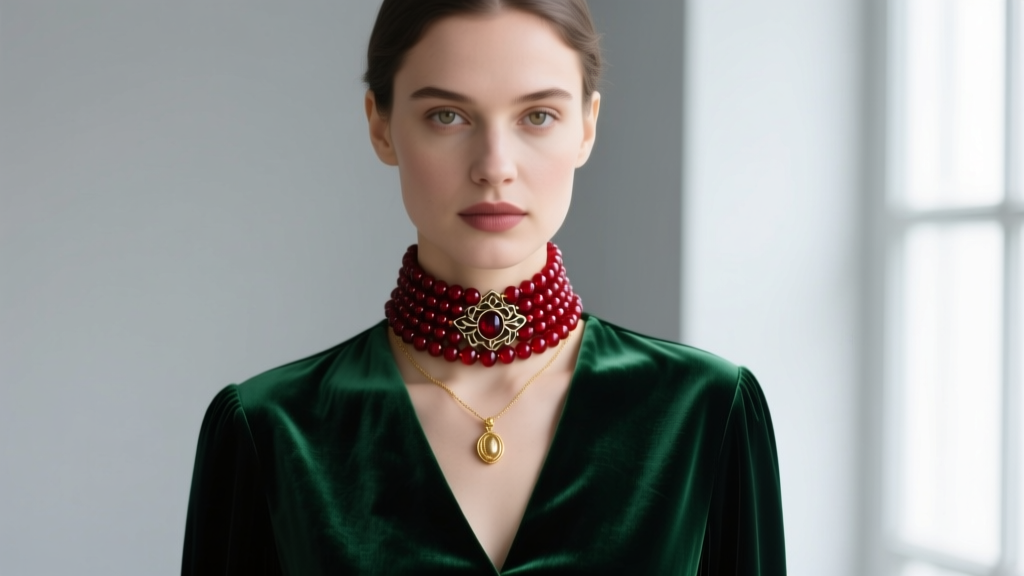 Woman wearing a 16-inch beaded garnet choker and gold pendant necklace against a dark emerald green velvet winter blouse.