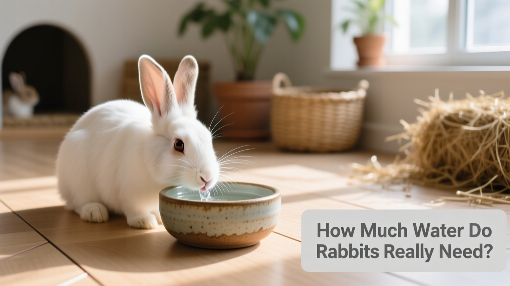 Rabbit drinking from a ceramic water bowl in a clean enclosure