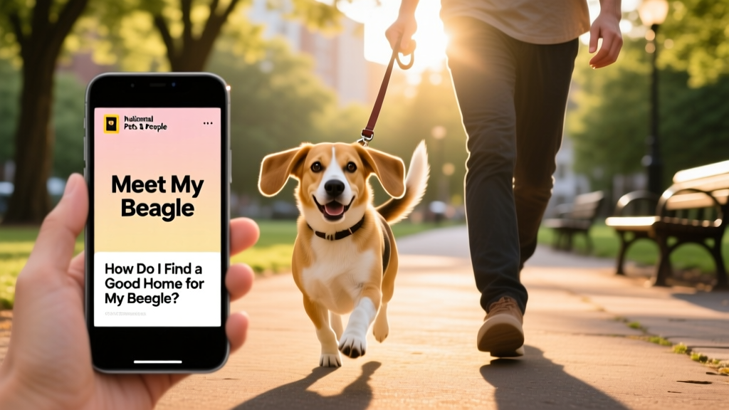 A beagle happily walking on a leash beside an adult, with a 'Meet My Beagle' profile card visible on a smartphone screen