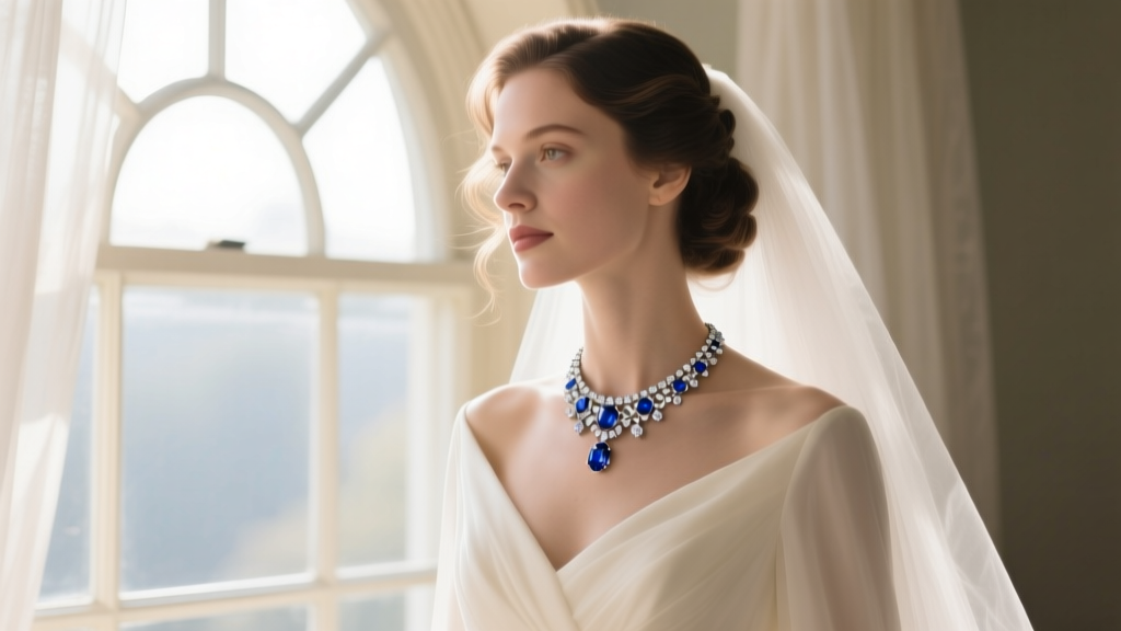 Bride wearing a rented vintage sapphire and diamond choker necklace, soft natural window light, romantic elegant bridal portrait
