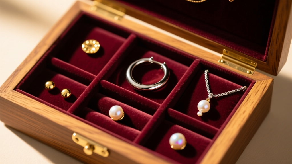 Overhead view of a velvet-lined wooden jewelry box organizing gold studs, silver hoops, and pearl dangles in warm light.
