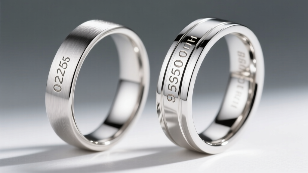 Macro comparison of a stamped 925 sterling silver ring shank and a laser-etched 950 platinum band showing distinct marking depths