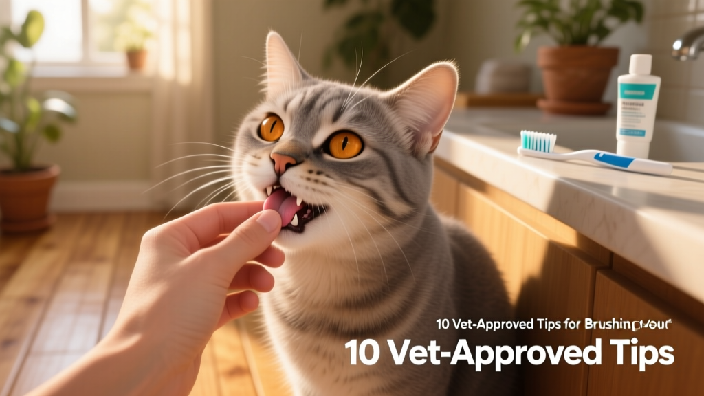 Hand gently lifting a cat’s lip to reveal teeth and gums during a calm, positive interaction