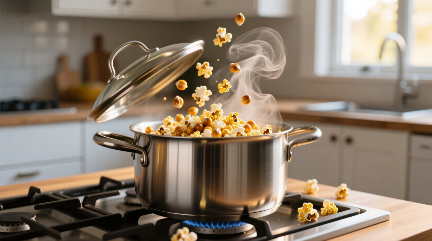 Stovetop popcorn in stainless steel pot