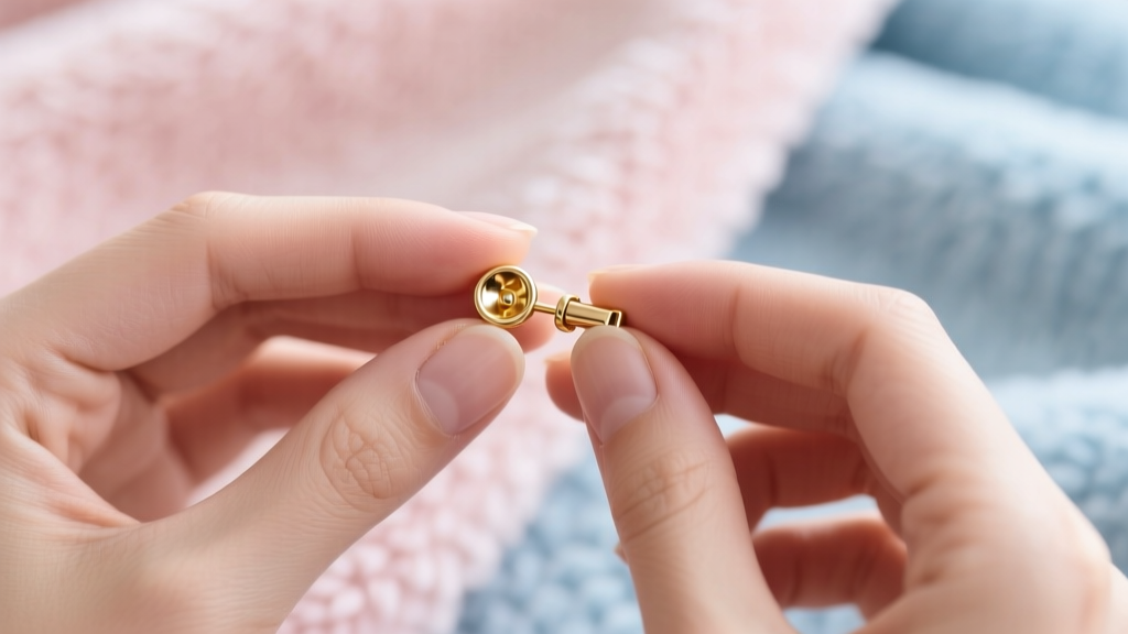 Close-up of hands securing a locking clasp onto an 18k gold baby earring post against a soft pastel blanket in natural daylight.