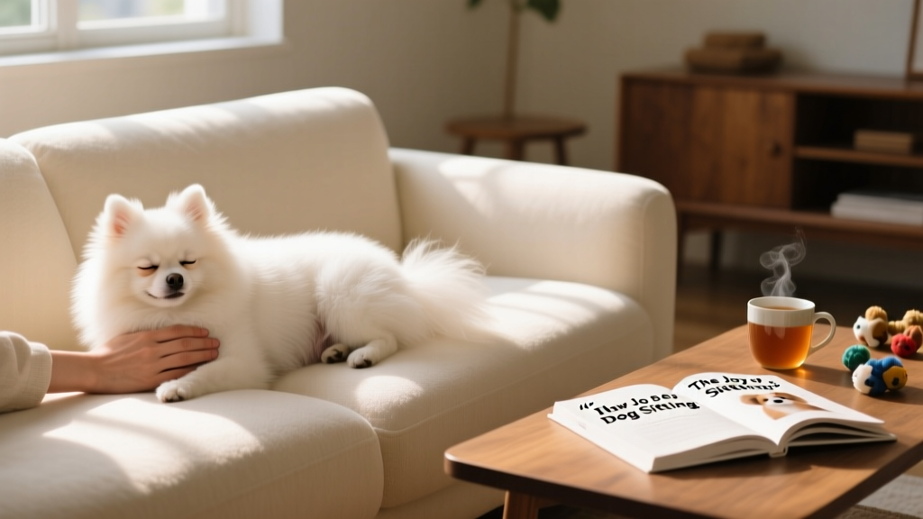 A calm, small white dog lying on a cozy sofa, receiving a gentle tummy rub from a caring hand