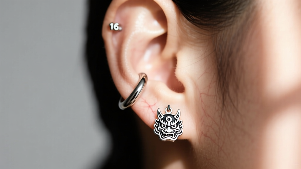 Close-up of an ear wearing a 16-gauge titanium huggie hoop with a yokai charm, showing proper cartilage fit and post clearance