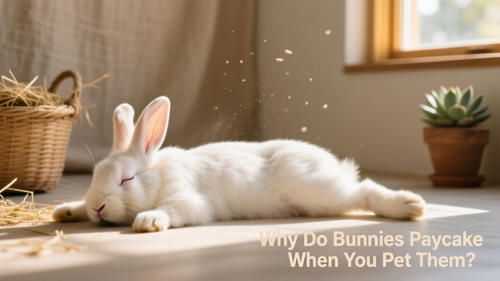 A relaxed rabbit lying flat on its side in a soft, sunlit space, eyes half-closed