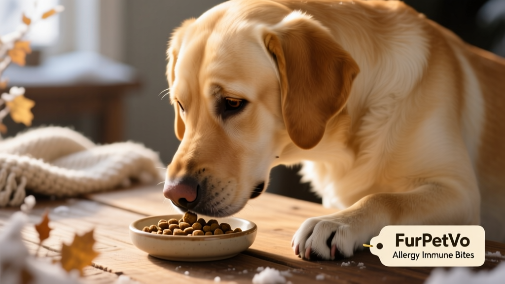 Close-up of a dog gently sniffing a small dish of FurPetVo Allergy Immune Bites, with a calm, relaxed expression