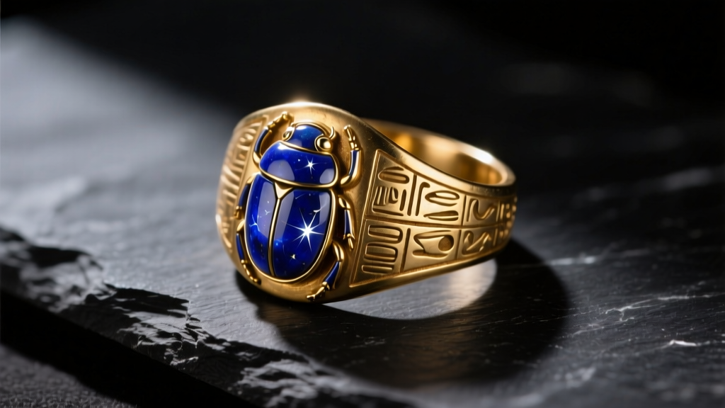 Macro shot of an ancient Egyptian electrum ring with a lapis scarab bezel on dark slate under dramatic, moody side lighting.