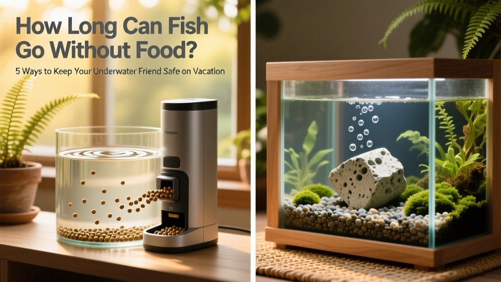 Side-by-side comparison of an automatic feeder dispensing pellets into a tank and a slow-dissolving calcium block resting on gravel