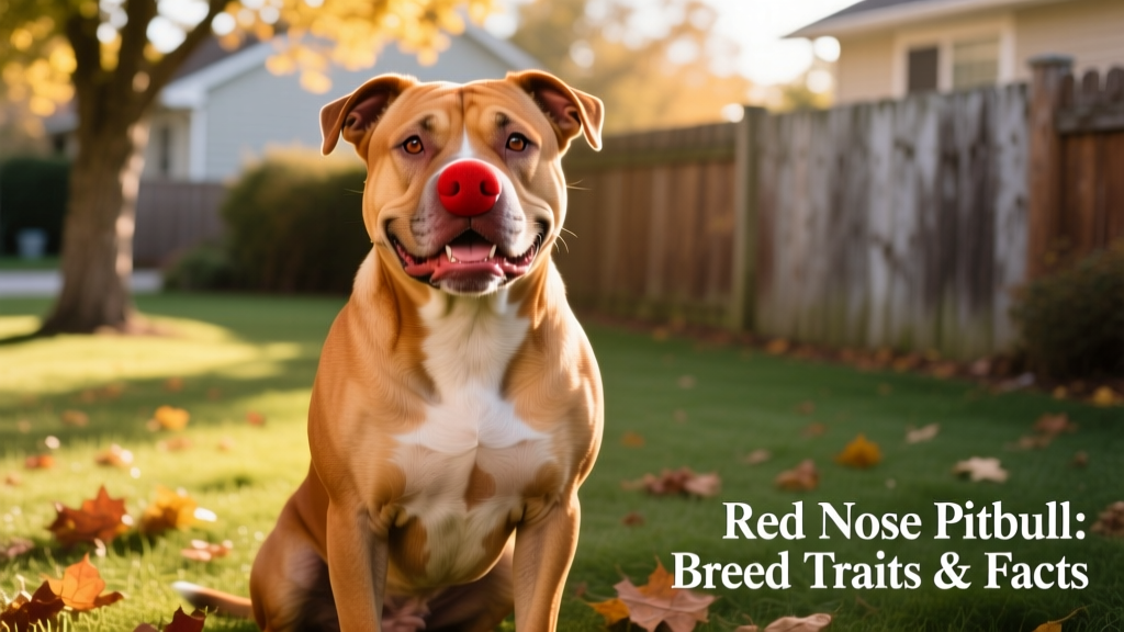 A friendly Red Nose Pitbull sitting outdoors, showing its signature copper-red nose and muscular build